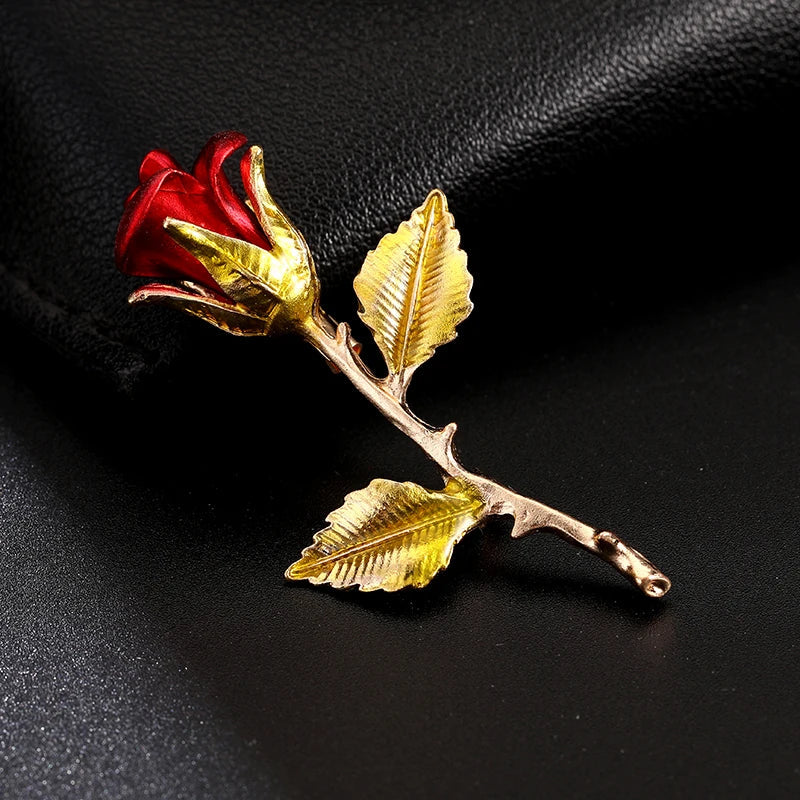 Classic red rose flower brooch