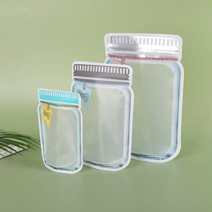 3 Pcs Reusable Transparent Mason Jar Pattern Zipper Airtight Seal Bags