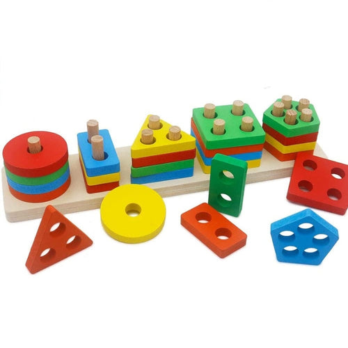 Five Column Geometry Colorful Wooden Blocks Stacking Puzzle Toy For Kids