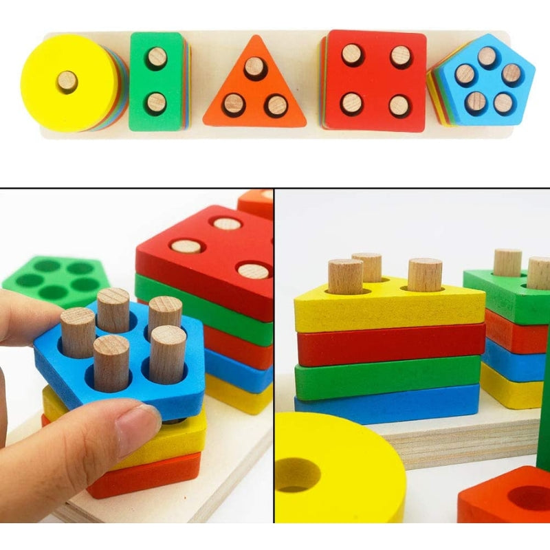 Five Column Geometry Colorful Wooden Blocks Stacking Puzzle Toy For Kids