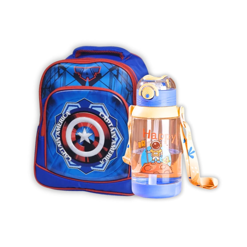 3D Captain America 13 Inch School Bag Blue Transparent Water Bottle (GB-2020) (Deal)