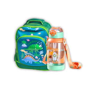 3D Dino 13 Inch School Bag Green Transparent Water Bottle (GB-2020) (Deal)