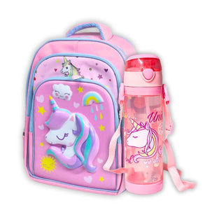 3D Unicorn 16 Inch School Bag & Unicorn Water Bottle(GB-2021) (Deal)