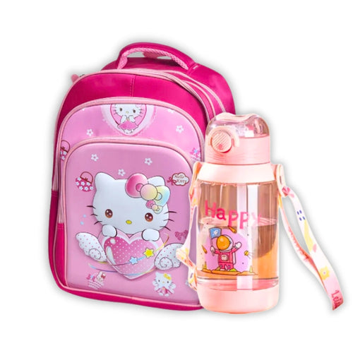 3D Hello Kitty 16 Inch School Bag & Pink Transparent Water Bottle (GB-2021) (Deal)