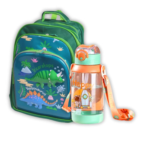 3D Dino 16 Inch School Bag & Green Transparent Water Bottle (GB-2021) (Deal)