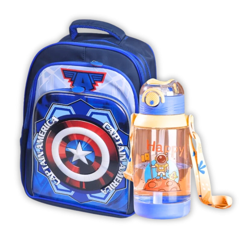 3D Captain America 16 Inch School Bag & Blue Transparent Water Bottle (GB-2021) (Deal)