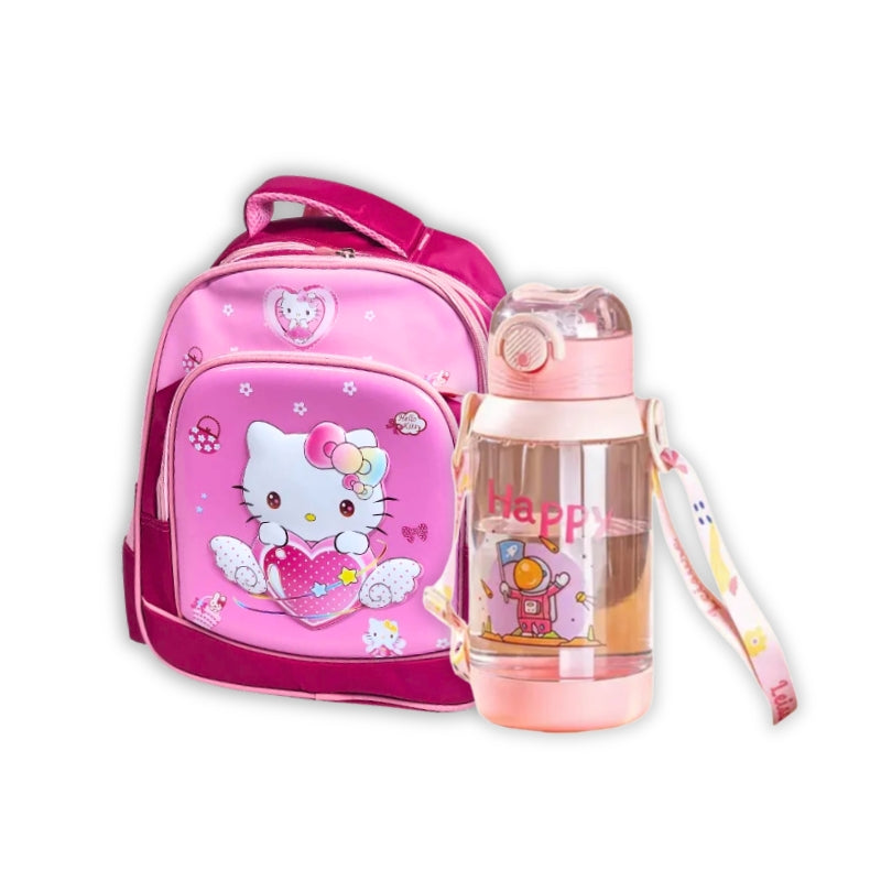 3D Hello kitty 13 Inch School Bag & Pink Transparent Water Bottle (GB-2020) (Deal)