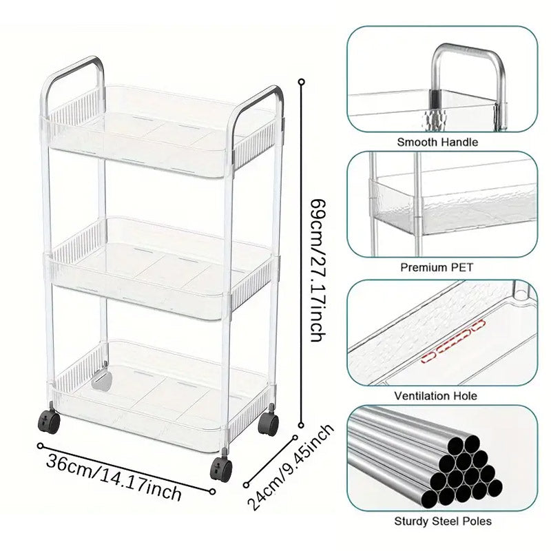 3 Tier Acrylic Trolley Storage Rack With Wheels